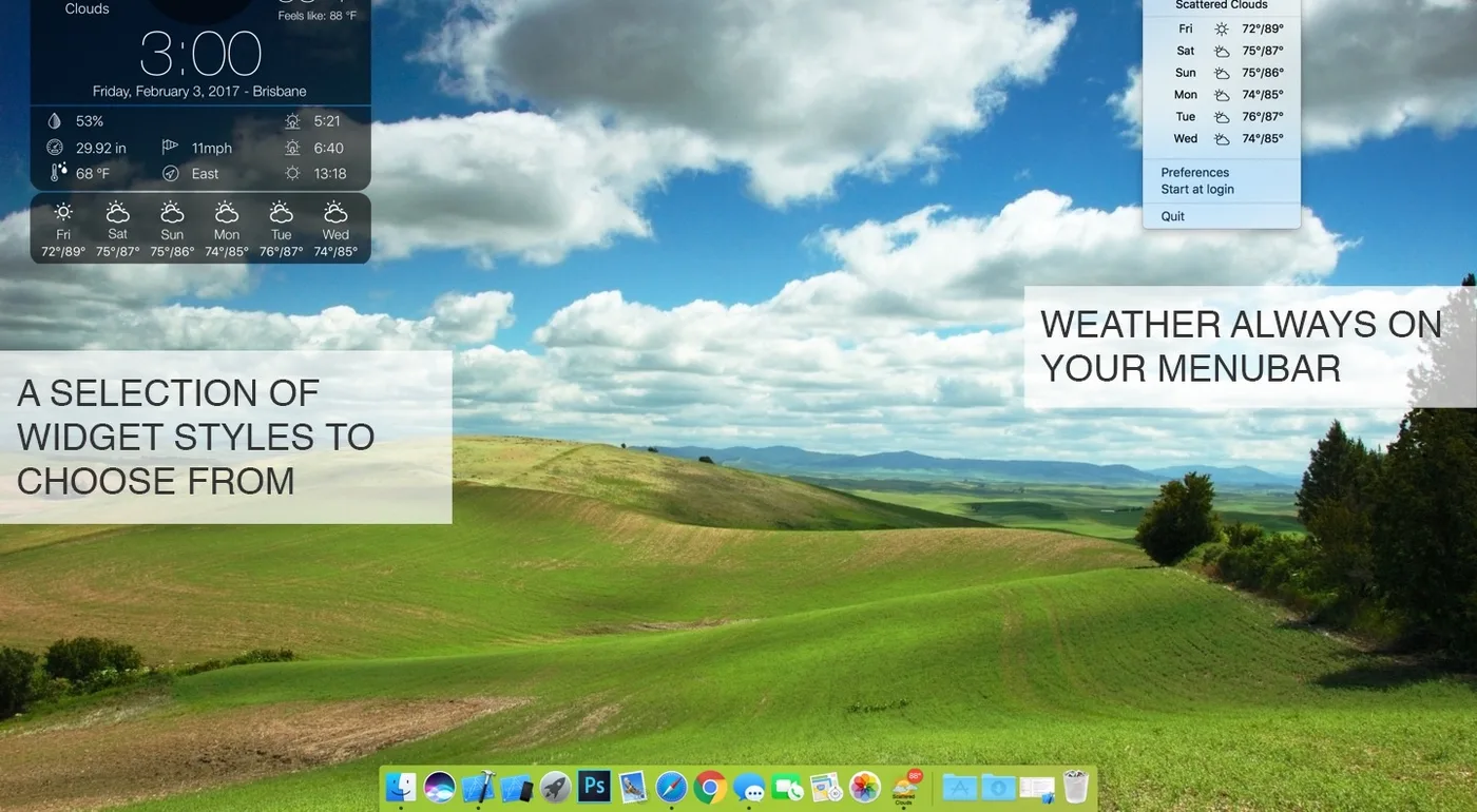 Weather Widget Live sitting on a Mac desktop over green hills